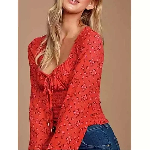 Free People Lolita Peasant Top Womens Red Boho Floral - Picture 3 of 8